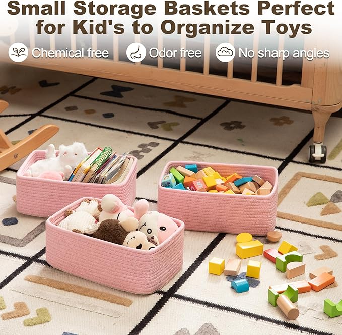 3 Pack Small Storage Baskets for Organizing, Cute Woven Decorative Gift Baskets for Shelves, Mini Closet Organizer Bins with Handles, 11.81''Lx7.87''Wx4.72''H-Pink-CasaMuseHome