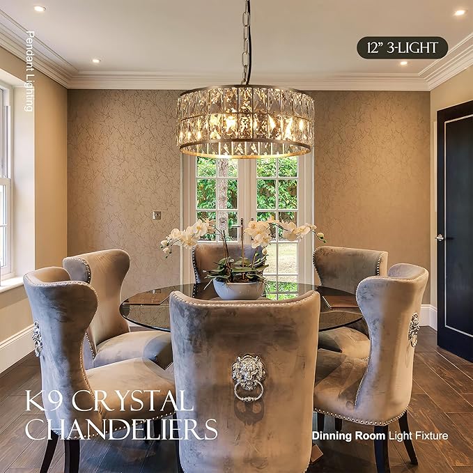 12” 3-Light Modern Crystal Chandeliers Nickel Dinning Room Light Fixture, Round Pendant Light Kitchen Island Chandelier, Flush Mount Ceiling Light for Living Room Entryway Bedroom Foyer-CasaMuseHome