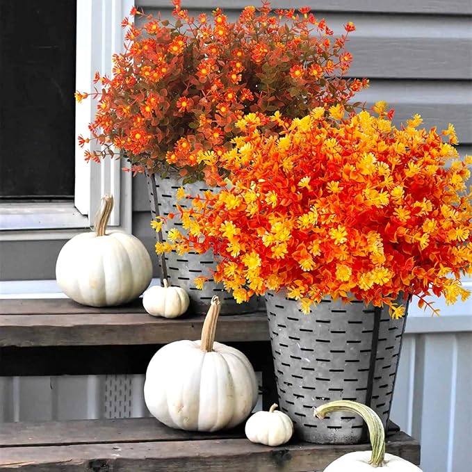 12 Bundles Artificial Fall Flowers No Fade Faux Autumn Plants, Fake Indoor Outdoor Greenery Decorations for Thanksgiving Christmas Wedding Party Home Garden Fireplace Décor (Fall Red)-CasaMuseHome
