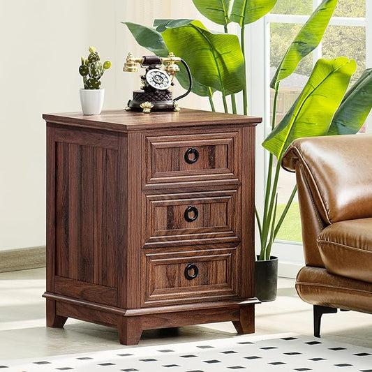 18" Farmhouse Night Stand with 3 Drawers, Wood End Table Dresser for Bedroom, Retro Nightstand, Bed Side Table with Metal Handle, Bedside Cabinet for Bedroom Living Room, Closet-CasaMuseHome