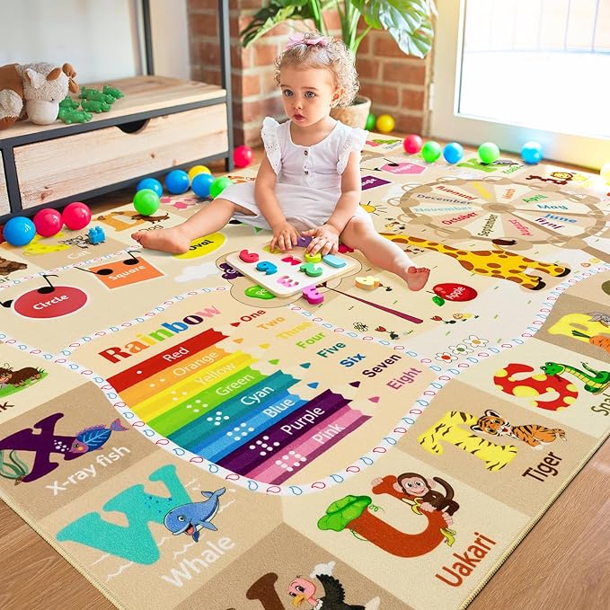 6x9 Playroom Rugs for Kids Washable, Educational and Fun Playmat with ABC Alphabet Animals Shapes Colors, Non-Slip Play Mat Learning Rugs for Baby Toddler Children Game Activity，Beige, Pink-CasaMuseHome
