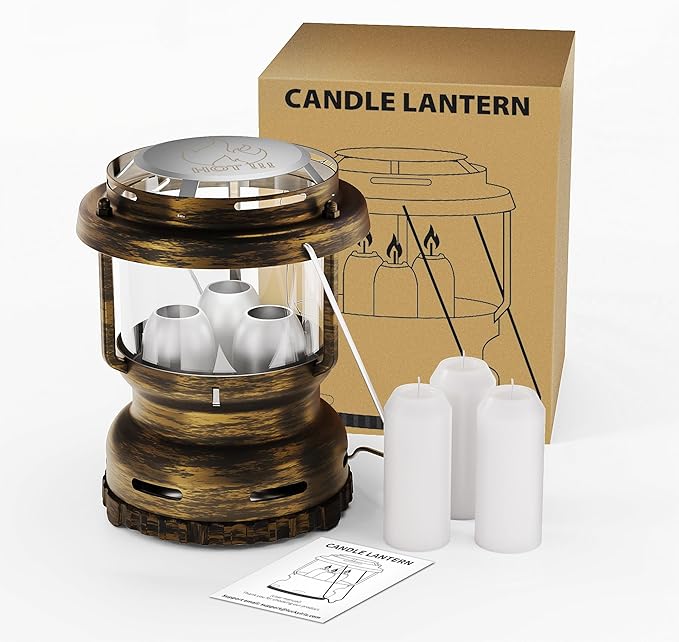 3-Wick Emergency Candle Lantern for Power Outages [18H+ Burning Time] Vintage Decorative Candle Lantern for Real Candles, Outdoor Portable Camping Survival Lighting [7.1"*5.7" - Vintage Brass]-CasaMuseHome