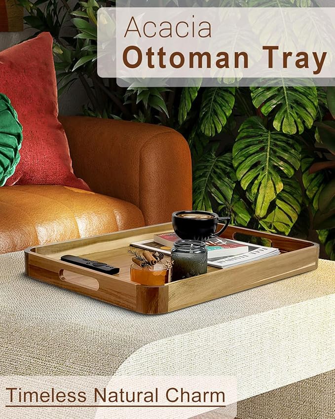 22 Inches Acacia Wood Serving Tray with Handles, Large Wooden Rectangle Ottoman Tray, Nice Home Decor for Living Room Coffee Table Couch, Ideal Size for Serving Food Breakfast BBQ Party-CasaMuseHome