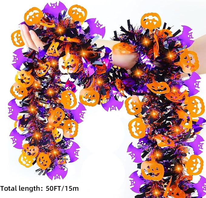 50 Ft Halloween Tinsel Garlands,Funny Pumpkin Purple Bats Shiny Metallic Twist Foil Tinsel Garland Hanging Holiday Decorations for Home Indoor Outdoor Festivities Party Decor-CasaMuseHome