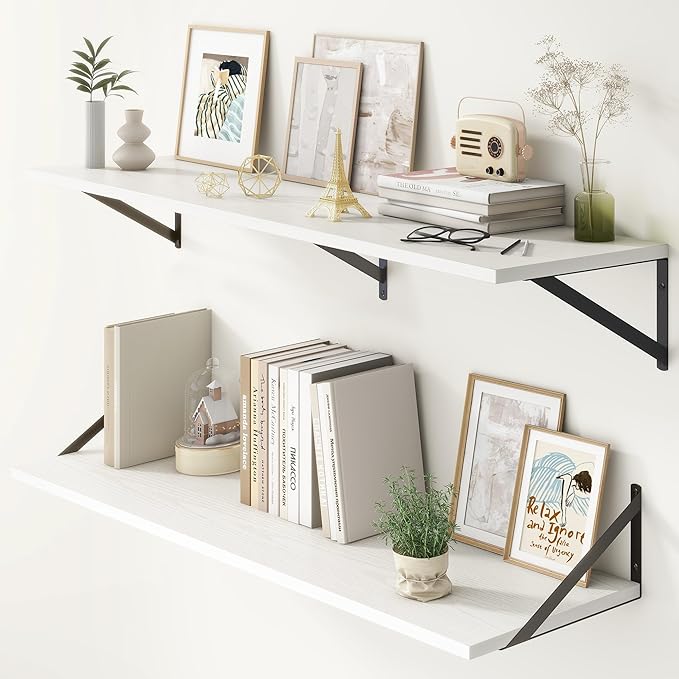 12 Inch Deep Floating Shelves, White Floating Shelves 48W x 12D, Deep Wall Shelves Bracket Set of 2, Large Display Hanging Floating Shelf for Bathroom, Living Room, Wide Storage Wooden Wall Shelf-CasaMuseHome