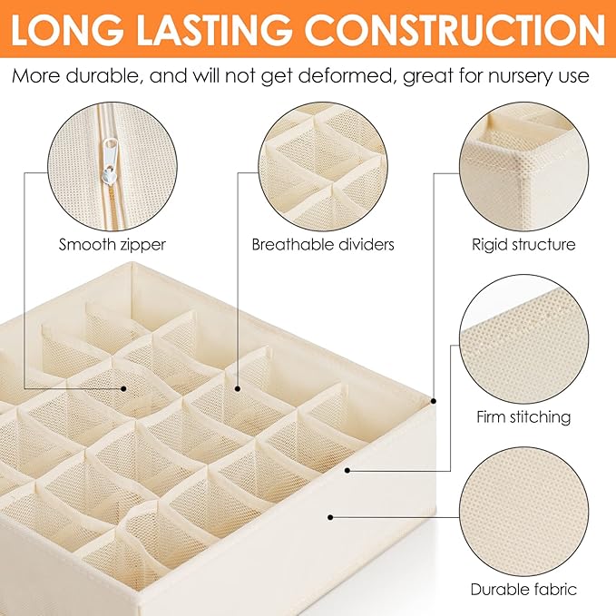 6 Pack Sock Underwear Drawer Organizer Dividers, 58 Cell Foldable Fabric Dresser Closet Organizers and Storage Bins for Clothing, Baby Clothes, Bra, Panty, Scarf, Ties (Beige)-CasaMuseHome