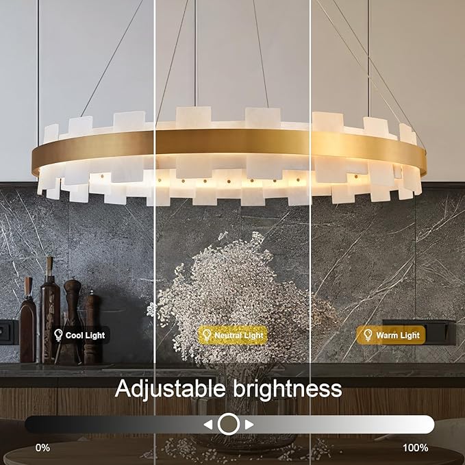 31.5" Natural Spanish Alabaster Round Chandelier, Adjustable Large Chandeliers for Living Room Over Table, Modern Luxury Alabaster Stone Chandelier for Drawing Room, Bedroom, Hallway, Foyer-CasaMuseHome