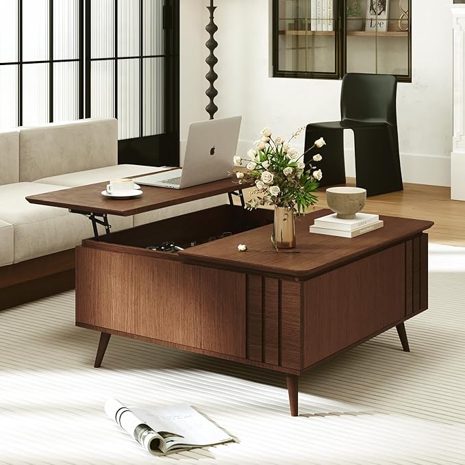 36.2" Lift Top Coffee Table with Storage, Large Square Coffee Tables with Hidden Compartment, Mid Century Modern Center Table for Home Office,Living Room,Dark Walnut-CasaMuseHome