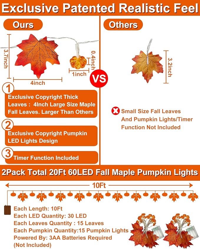 2 Pack & Timer - Fall Garland with Pumpkin Lights Halloween Fall Decor for Home 60LED 20Ft Enlarged Maples Leaves Halloween Garland Lights Indoor Battery Operated Thanksgiving Decor Wedding Christmas-CasaMuseHome