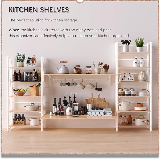 4NM No Assembly Foldable Bookshelf, 6-Shelf Collapsible Bookcase Storage for Small Spaces, 74" H, Natural White-CasaMuseHome