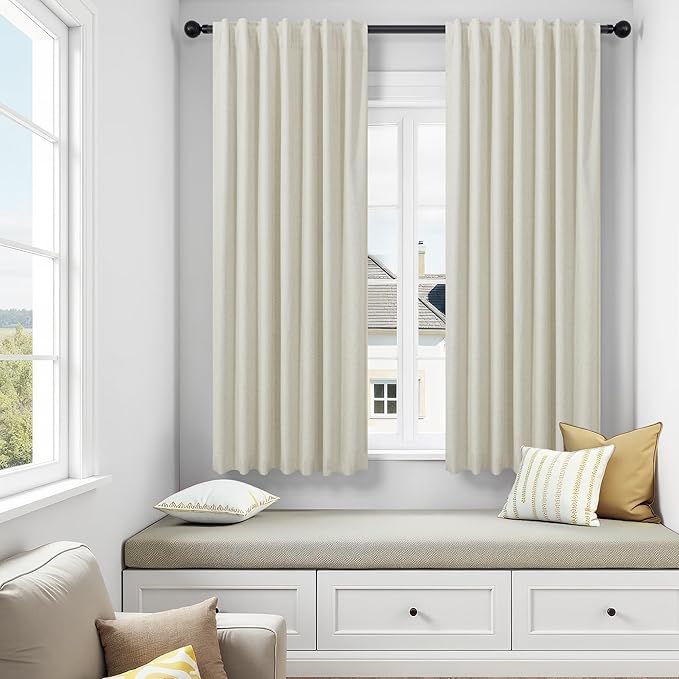 54 Inch Curtains Sunblock Curtains for Bedroom 2 Panel Set Flax Linen Short Blackout Insulated Thermal Opaque Curtain for Summer Heat Kitchen 4.5 ft Drapes for 50 Inch Small Window 52x54 Length Beige-CasaMuseHome
