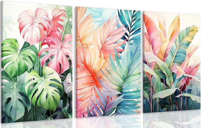 3pcs Framed Tropical Botanical Canvas Wall Art Monstera Leaves Posters Botanical Prints Bohemian style Wall Decor Pictures Palm Leaves Paintings for Bathroom living room Decoration-CasaMuseHome