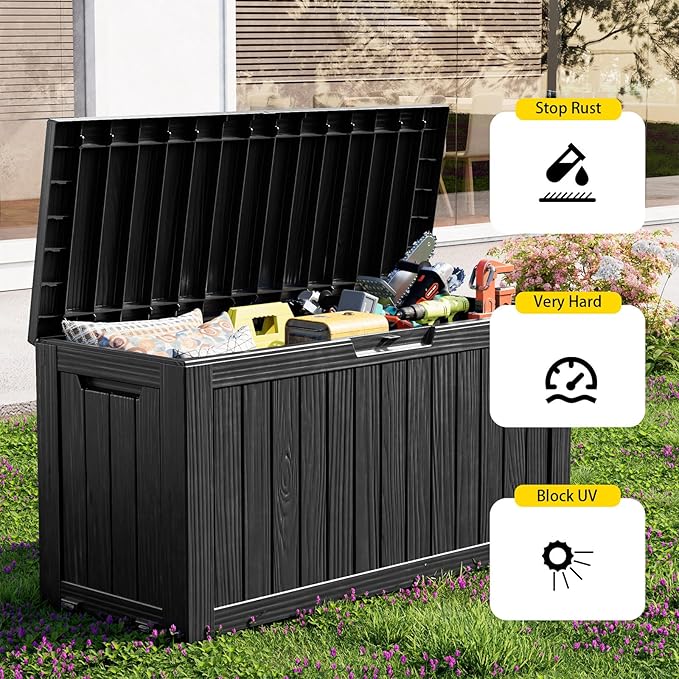 75 Gallon Resin Deck Box, Lockable Outdoor Storage Box for Patio Cushions Storage Furniture,Garden Tools, Pool Supplies, Weatherproof and UV Resistant（Black）-CasaMuseHome