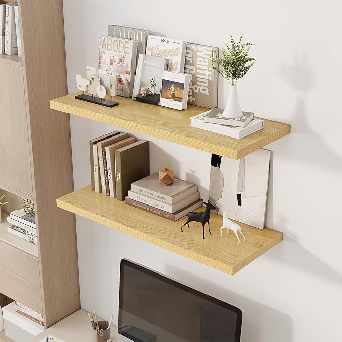 36" Floating Shelves for Wall, 12" Deep Slim Oak Floating Shelves, Wall-Mounted Shelves for Bedroom, Living Room, Kitchen, Bathroom - Set of 2-CasaMuseHome