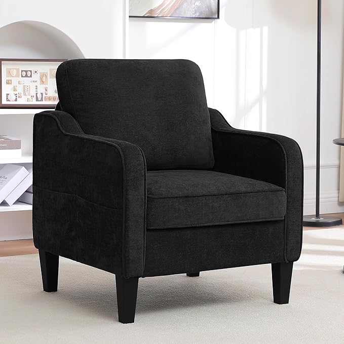 Accent Chairs Set of 2, Upholstered Living Room Chairs with Side Pockets, Mid Century Modern Reading Chair for Bedroom, Comfy Armchair Single Sofa Side Chair for Office, Small Room, Black-CasaMuseHome