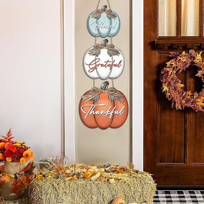 3 Pieces Pumpkin Decor Grateful Thankful Blessed Wall Signs,Rustic Hanging Welcome Door Sign for Autumn Harvest Thanksgiving Halloween Door Wall Decoration Indoor Outdoor Fall Decor for Home-CasaMuseHome