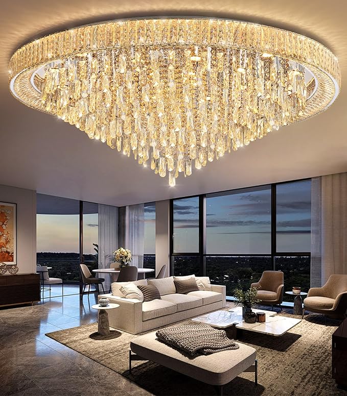 53.7'' Modern Chandeliers LED Dimmable Crystal Flush Mount Ceiling Chandeliers for Living Room High Ceiling Entrance Foyer Lobby Bedroom Silver-CasaMuseHome