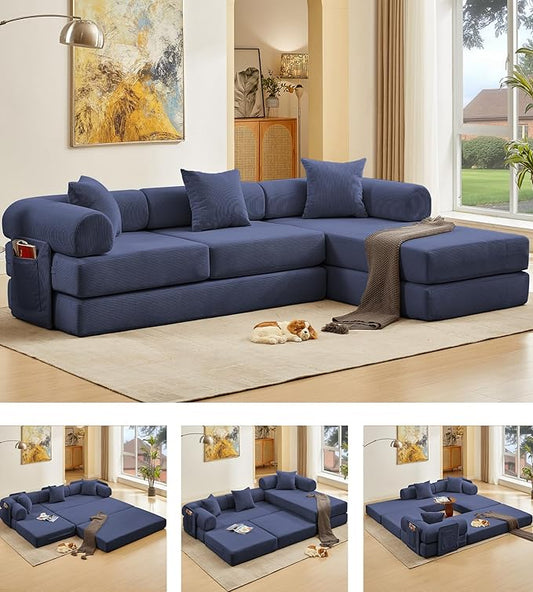 107" Oversized Convertible Sleeper Sofa Bed, Corduroy L Shape Sectional Couch, Folding Sofa Bed with Side Pocket, Modern Cloud Floor Mattress Couch,Modular Sofa for Living Room,Dark Blue-CasaMuseHome
