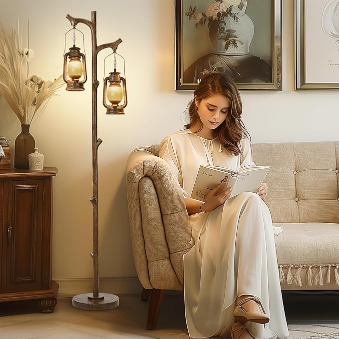 68" Rustic Farmhouse Tree Trunk Floor Lamp Country Brown Finish Wood Vintage Standing Tall Lamp with Lantern Stepless Dimmable Industrial Floor Lamp Decor for Bedroom Living Room Office Hotel-CasaMuseHome