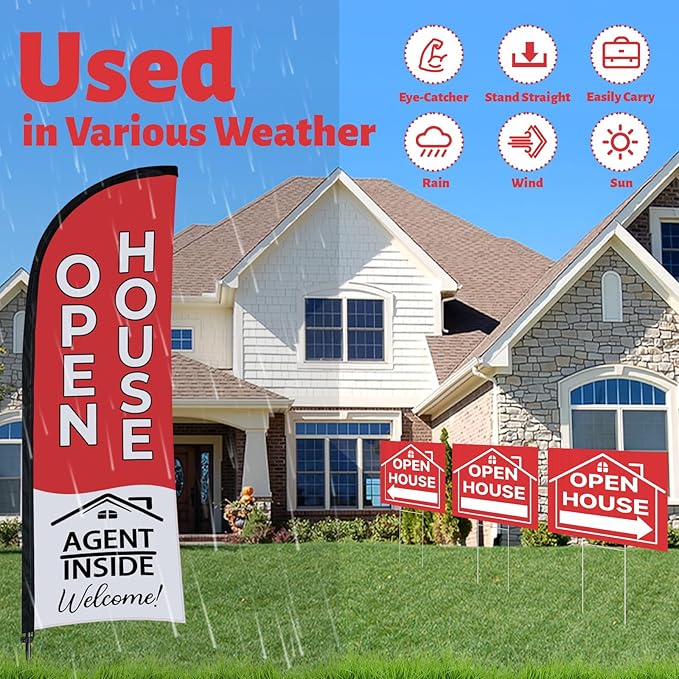 44 Pcs Open House Signs for Real Estate Agent Supplies, Double Sided Open House Flag with Poles Kit, 7.6 x 5.4 Ft Red Opening Sign Banner Set, 5 Pack Yard Signs with Metal Stakes 30 Balloons-CasaMuseHome