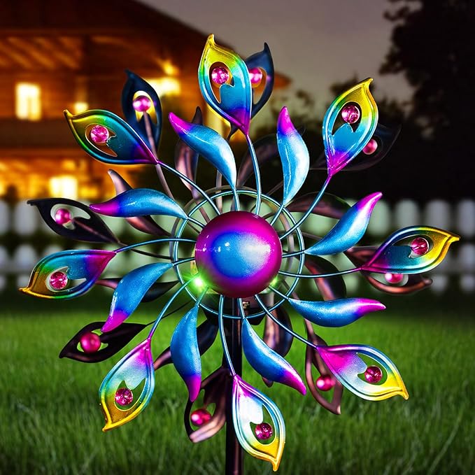 360°Peacock Solar Wind Spinner with Lights Blue Metal Garden Outdoor Decor Yard Lawn Art Decor for Patio Kinetic Windmills Unique Gifts for Friends and Family 51.9' H x 12.2'' Dia-CasaMuseHome