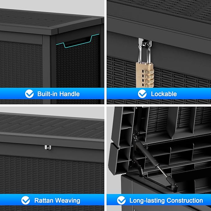 260 Gallon Deck Box XXL Large Outdoor Storage for Patio Furniture,Outdoor Cushions,Garden Tools and Pool Supplies,Waterproof,Resin,Lockable(Black Rattan)-CasaMuseHome