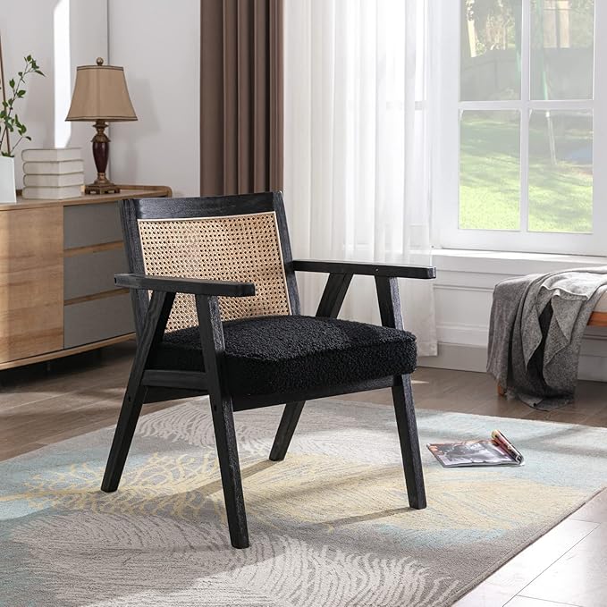 Accent Rattan Chair, Faux Fur Upholstered Living Room Chairs with Cane Back, Retro Mid Century Modern Cane Chair Armchair for Reception Reading Indoor Outdoor, Black-CasaMuseHome