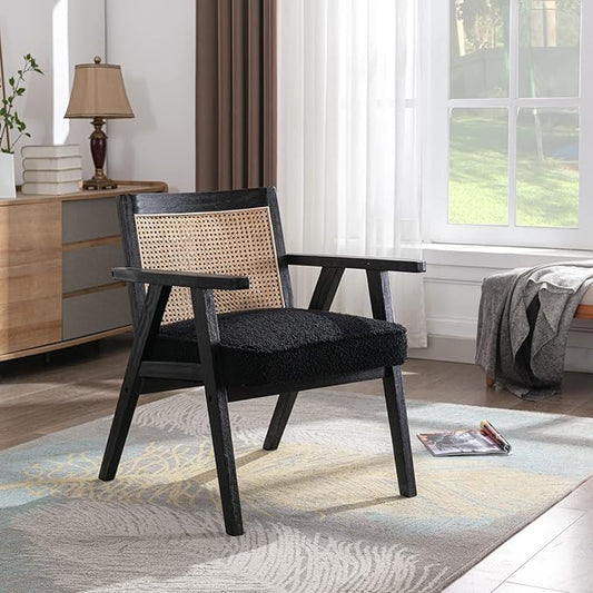 Accent Rattan Chair, Faux Fur Upholstered Living Room Chairs with Cane Back, Retro Mid Century Modern Cane Chair Armchair for Reception Reading Indoor Outdoor, Black-CasaMuseHome