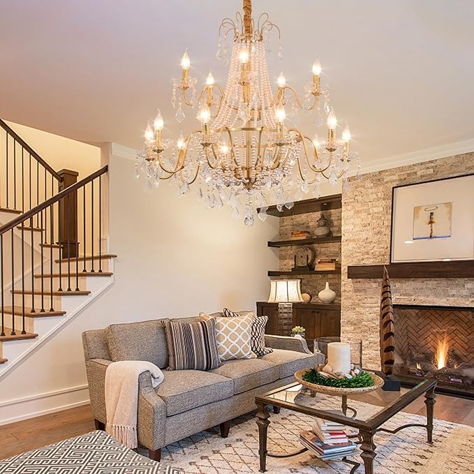 40" Large Brass Crystal Chandeliers,Gold Brushed Brass Chandelier for High Ceiling Living Room Dining Room Staircase Hallway Entryway Foyer(15-Light, Bulb Included)-CasaMuseHome