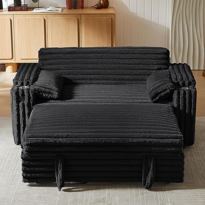 68.11" Corduroy Convertible Sofa Bed with USB Charging Port, Foldable Sleeper Chair with Pillows & Armrests, 3-in-1 Floor Couch for Living Room, Bedroom, Guest Room – Black-CasaMuseHome