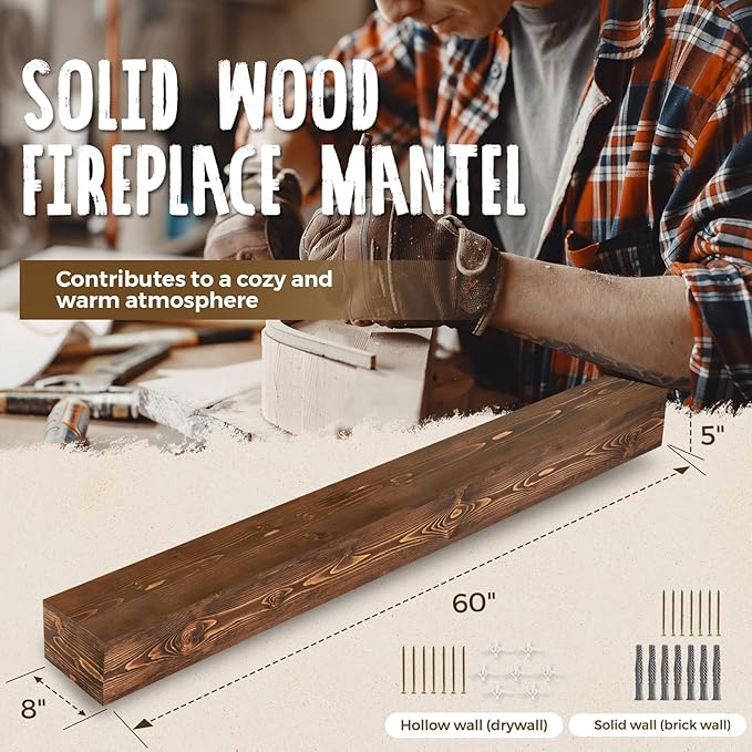 60x8x5 Fireplace Mantel - Handcrafted Hollow Rustic Solid Wood Wall Mounted Floating Shelf with Invisible Heavy Duty Wood Bracket (Weathered Brown)-CasaMuseHome