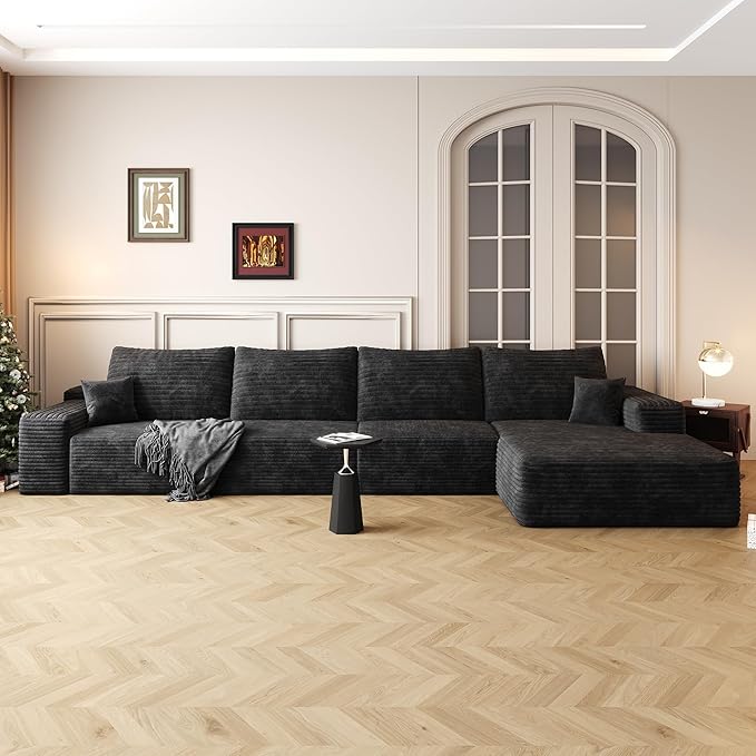 136" Sectional Couches for Living Room Modern Modular Sofa with L-Shape Couchs Upholstered Boneless Couch Deep Seat Sectional Couch with Chaise (Black, Right Facing Chaise+3Seaters)-CasaMuseHome