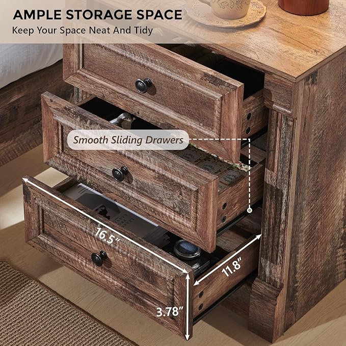 26" Tall Farmhouse Nightstand, 3 Drawers End Table w/Charging Station, 23.6" Wide Large Side Table w/Roman Column, Wood Rustic Sofa Table for Bedroom, Light Brown-CasaMuseHome