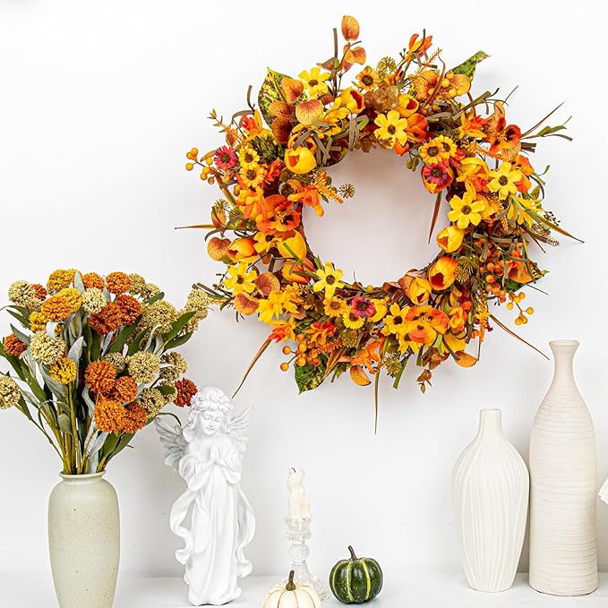 18 Inches Fall Wreaths for Front Door Rustic Autumn Wreath Farmhouse Fall Floral Wreaths with Tulips Phalaenopsis Orange Wildflowers for Wall Window Porch Indoor Outside Decor-CasaMuseHome