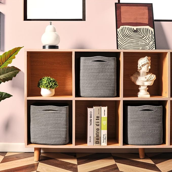 11 Inch Cube Storage Bins, Storage Cube Organizer Bins, Woven Cotton Rope Basket for Storage, Storage Baskets for Organizing Shelves, Grey Baskets for Toys Nursery, Grey (Pack of 3)-CasaMuseHome