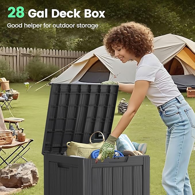 28 Gallon Outdoor Storage Box, Waterproof Durable Resin Deck Box for Indoor & Outdoor Use, Lockable Outdoor Bench, Deck Bin for Patio Furniture, Deliveries, Pool Supplies, Black-CasaMuseHome