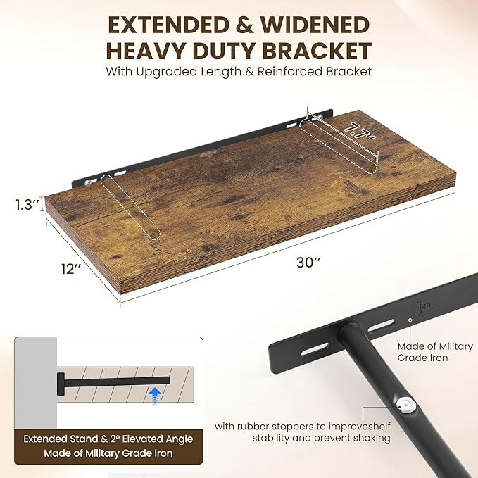 30" Floating Shelves for Wall, 12" Deep Slim Rustic Brown Floating Shelves, Wall-Mounted Shelves for Bedroom, Living Room, Kitchen, Bathroom - Set of 2-CasaMuseHome