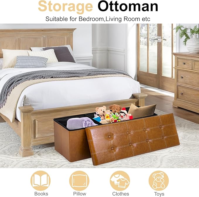 43 Inches Folding Storage Ottoman Bench, PU Leather Storage Chest, Footrest Padded Seat for Bedroom and Hallway, Holds up to 660 lbs, Light Brown-CasaMuseHome