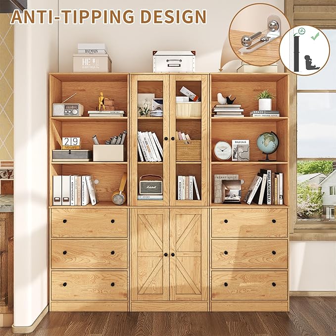 71" Tall Bookshelves Set of 3, 2 Bookcases with Drawers & 1 Bookshelf with Doors, Wooden Bookshelves Floor Standing Display Storage Shelves Home Decor Furniture for Home Office, Living Room-CasaMuseHome