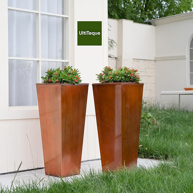 28in Tall Metal Copper Square Planter Galvanized Steel Metal Planters for Indoor/Patio Deck Garden Entrance Planter-CasaMuseHome