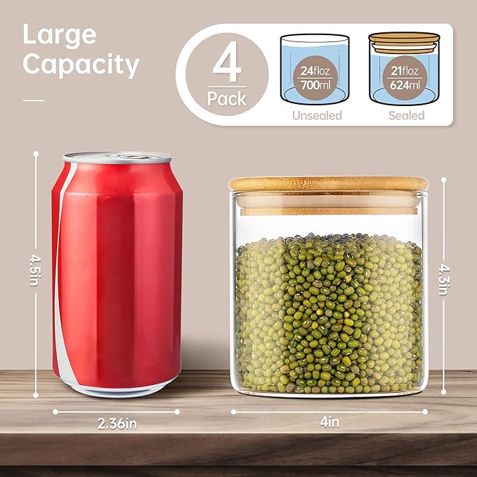 21oz - 4 Pack Glass Jars with Bamboo Lids, Glass Food Storage Containers with Airtight Lids, Air Tight Pantry Storage Containers for Coffee, Sugar, Spice, Meal Prep Jars for Salad & Fruit-CasaMuseHome