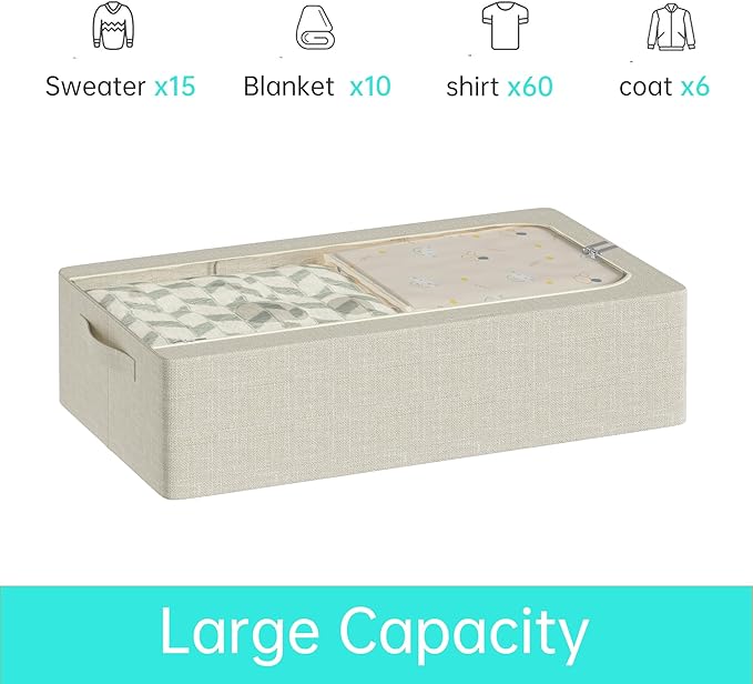 3PCS Under Bed Storage Bins with Metal Frame, Linen Fabric Frame Storage Box Clothes Organizer Bins, Underbed Container with Clear Window (Beige, 23.6 x 13 x 6IN)-CasaMuseHome