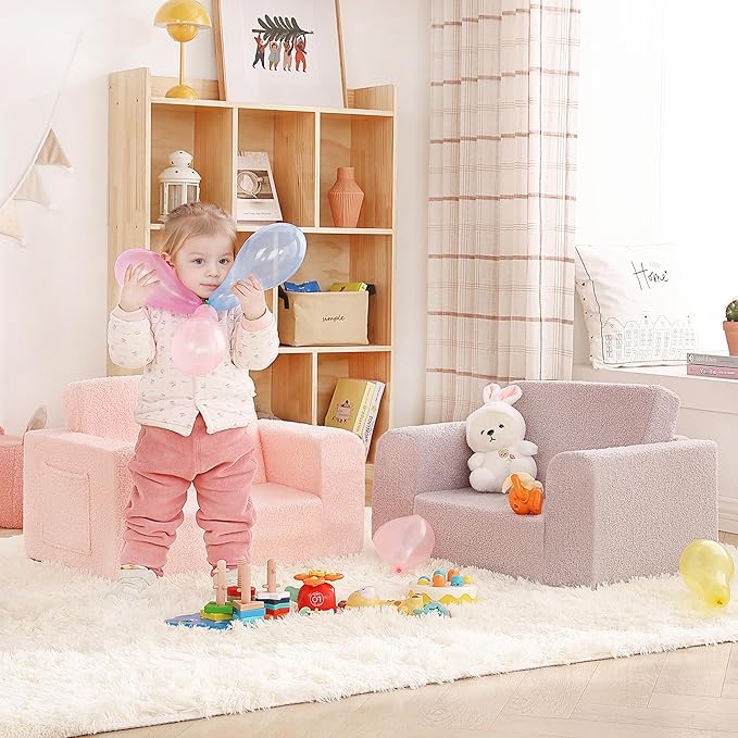 2-in-1 Toddler Chair Sherpa Couch - Soft Kids Lounger for Bedroom, Convertible Sofa for Girls and Boys, Reading Chair, Pink-CasaMuseHome