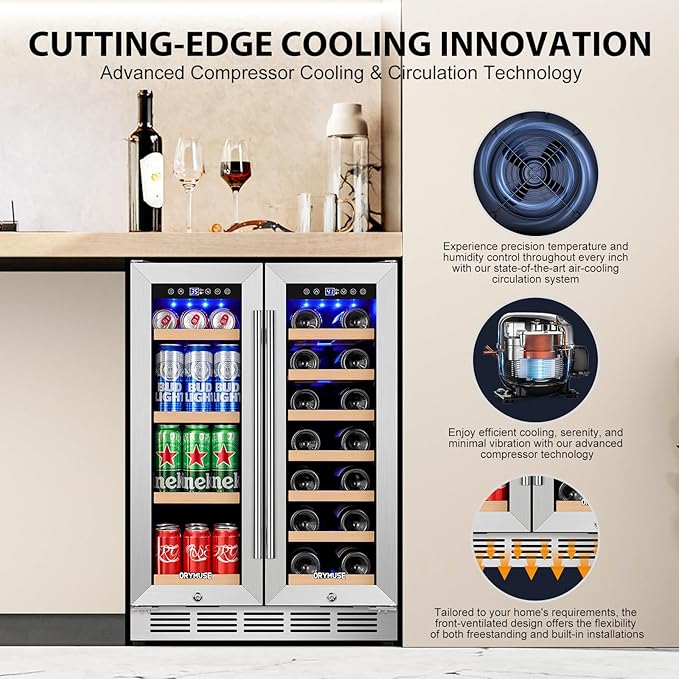 24 Inch Dual Zone Wine and Beverage Refrigerator, Built-in or Freestanding Cooler with French Doors, Drink Fridge with Upgraded Compressor for Beer, Wine, and Soda-CasaMuseHome