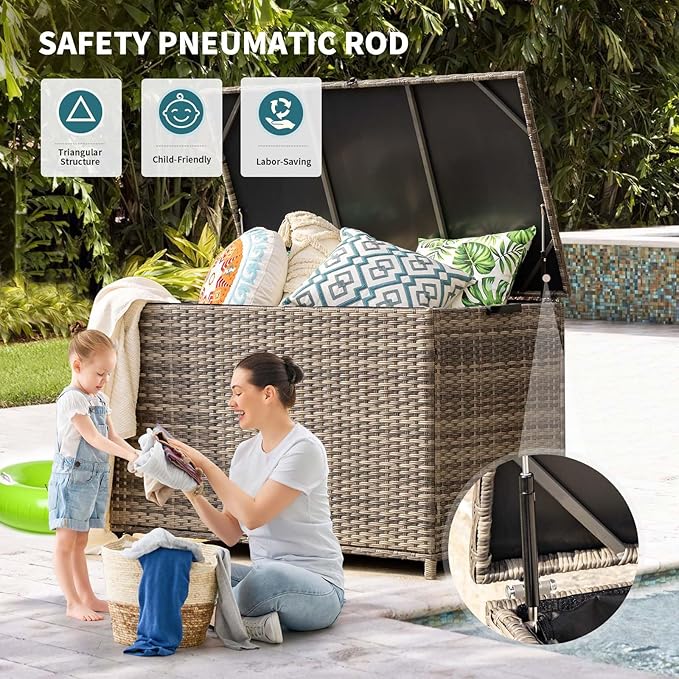 178 Gallon Outdoor Storage Box, Patio Deck Box with 2 Wheels, Handle Large Portable Wicker Rattan Deck Box for Patio Furniture Cushions, Throw Pillows, Garden Tools and Pool Floats (Gray)-CasaMuseHome