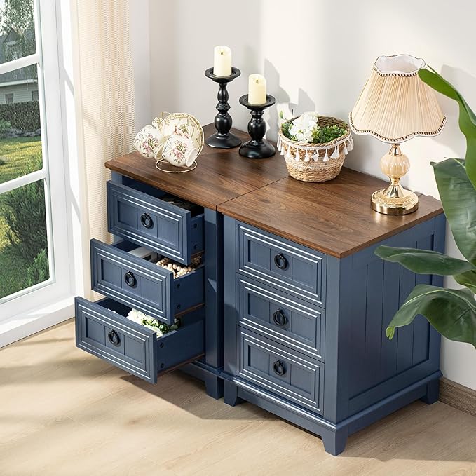 18" Farmhouse Night Stand with 3 Drawers, Wood End Table Dresser for Bedroom, Navy Blue Nightstand, Bed Side Table with Metal Handle, Bedside Cabinet for Bedroom Living Room, Closet-CasaMuseHome
