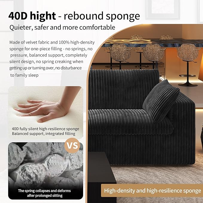 118" 3-Seater Cloud Sofa,Modular Sectional Couch,Modern Deep Seat Upholstered Couches with Plush Corduroy Fabric for Living Room Furniture,Bedroom and Apartment,No Assembly Required,Black-CasaMuseHome