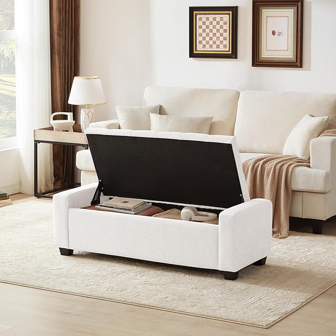 48" Ottoman with Storage, White Storage Ottoman Bench with Safety Hinge, Upholstered Entryway Bench with Seating for Bedroom, Living Room, Holds up to 330 lb-CasaMuseHome