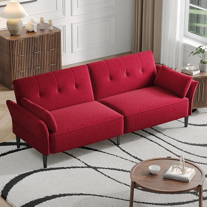 89” Futon Sofa Bed, Linen Comfy Futon Couch Bed with 2 Square Pillows, Convertible Sleeper Sofa with Adjustable Backrest& Armrests, Modern Loveseat Sleeper for Living Room, Bedroom, Red-CasaMuseHome