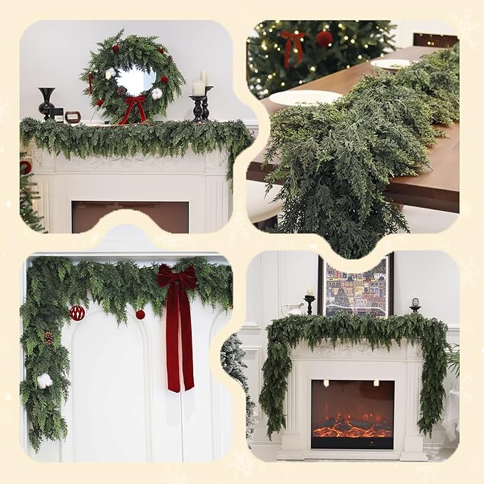 2Pcs 9FT Christmas Cedar Garland Artificial Real Touch Thickness Realistic Greenery Pine Garland for Mantle Fireplace Outdoor Indoor Christmas Decorations-CasaMuseHome